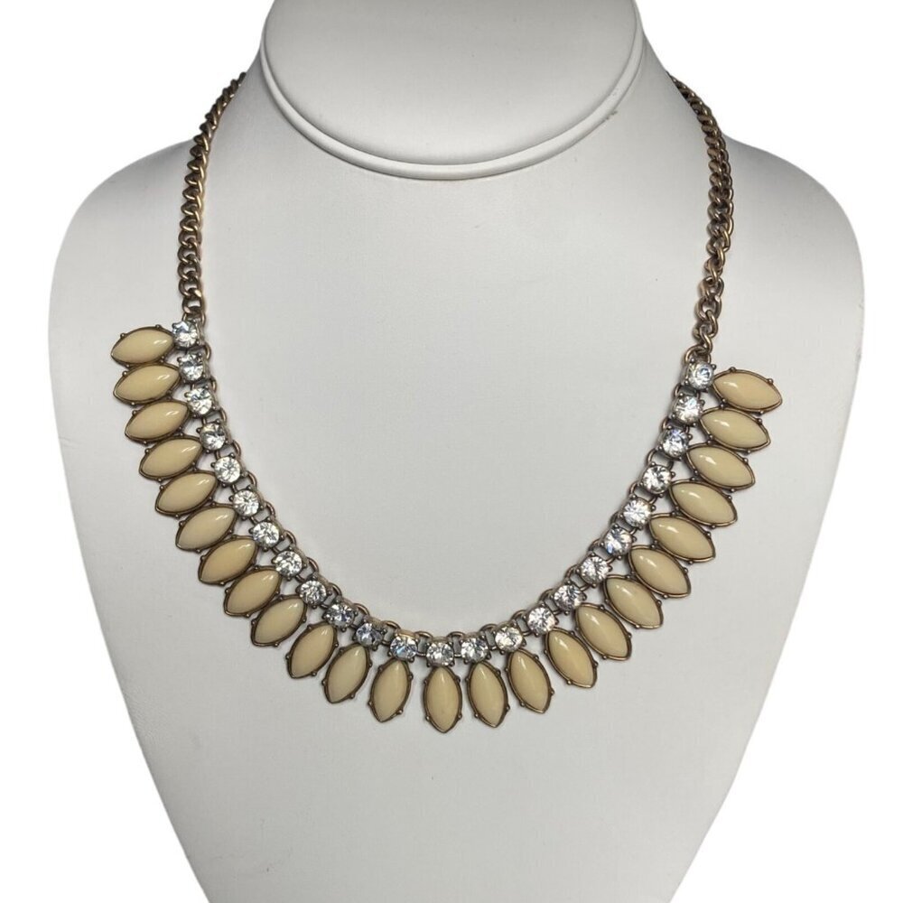 Vintage J Crew Statement Necklace Rhinestones Cream Ovals Gold Tone Chain